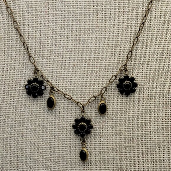 Liz Palacios S.F. Black Crystal Flower Charm Necklace 17 In Brass Spring Ring - Picture 1 of 9